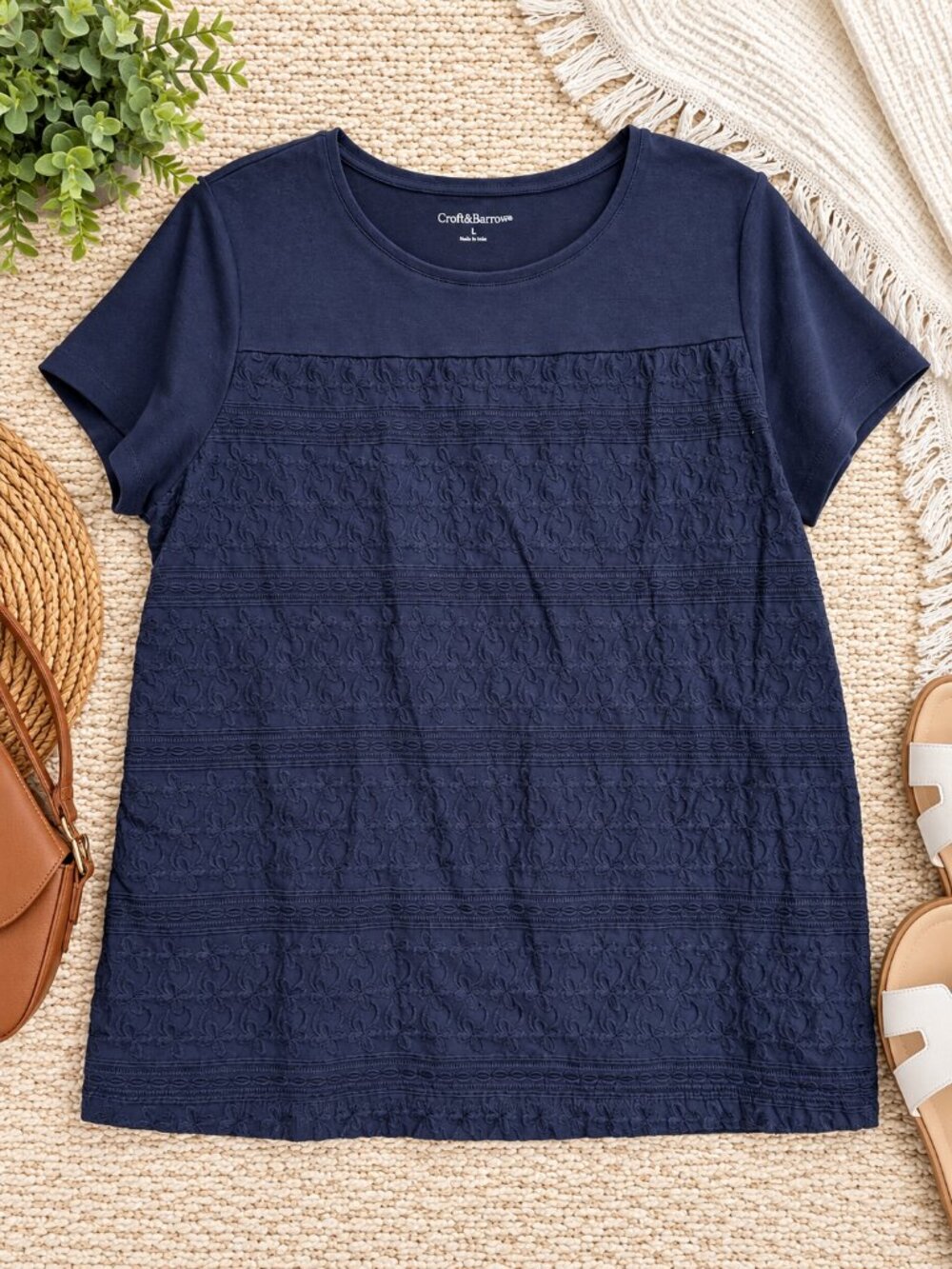 Croft & Barrow Size Large Navy Blue Embroidered Short Sleeve Top 100% Cotton